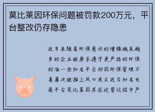 莫比莱因环保问题被罚款200万元，平台整改仍存隐患