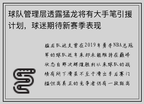 球队管理层透露猛龙将有大手笔引援计划，球迷期待新赛季表现