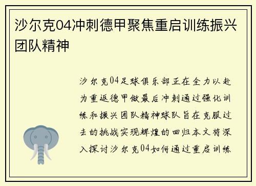 沙尔克04冲刺德甲聚焦重启训练振兴团队精神