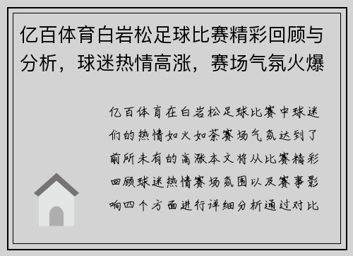 亿百体育白岩松足球比赛精彩回顾与分析，球迷热情高涨，赛场气氛火爆