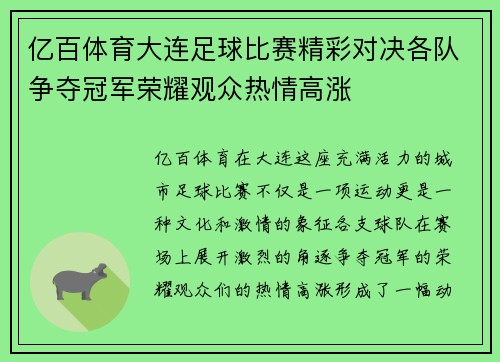亿百体育大连足球比赛精彩对决各队争夺冠军荣耀观众热情高涨