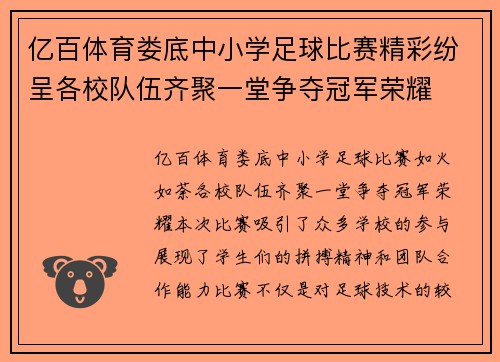 亿百体育娄底中小学足球比赛精彩纷呈各校队伍齐聚一堂争夺冠军荣耀